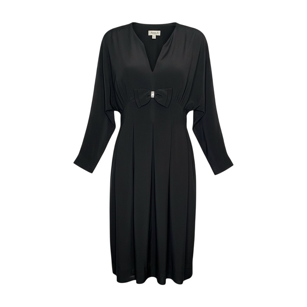 Vintage Adele Simpson Black V Neck Long Sleeve Bow Rhinestone Midi Dress Size 10